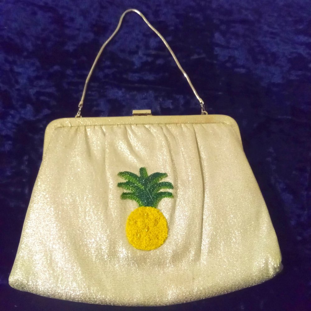 silver sparkle mini shoulder bag with iron on pineapple decal- custom piece!